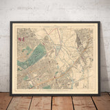 Antiguo mapa en color del este de Londres en 1891 - Victoria Park, Hackney, Bow, Stratford, Tower Hamlets - E9, E20, E3, E15