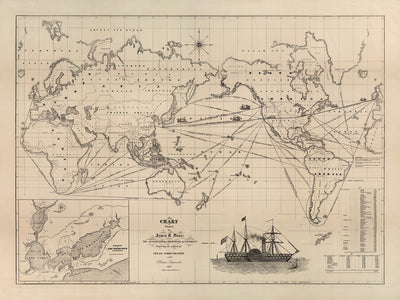 Carte du vieux monde des routes des bateaux à vapeur par James Moore, 1850