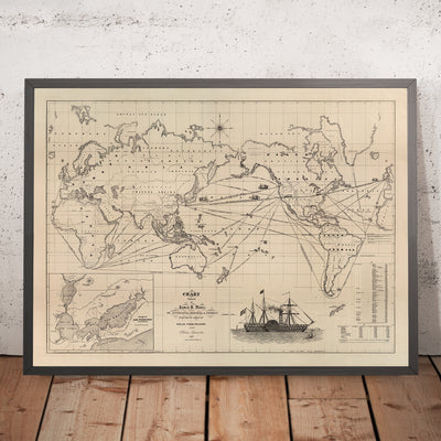 Carte du vieux monde des routes des bateaux à vapeur par James Moore, 1850