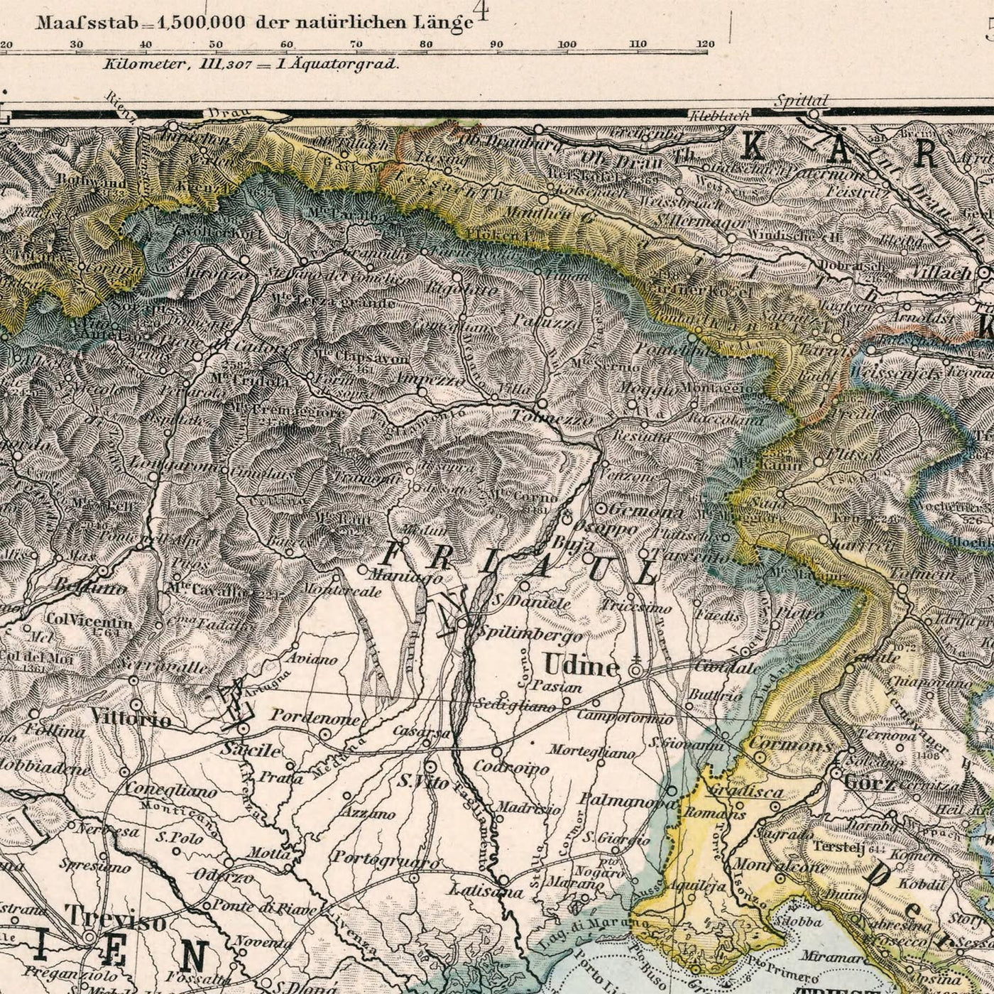 Ancienne carte de la Croatie et de la Bosnie par Adolf Stieler, 1894 : mer Adriatique, côte dalmate et montagnes Velebit