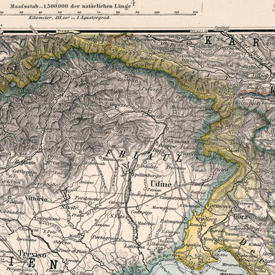 Ancienne carte de la Croatie et de la Bosnie par Adolf Stieler, 1894 : mer Adriatique, côte dalmate et montagnes Velebit
