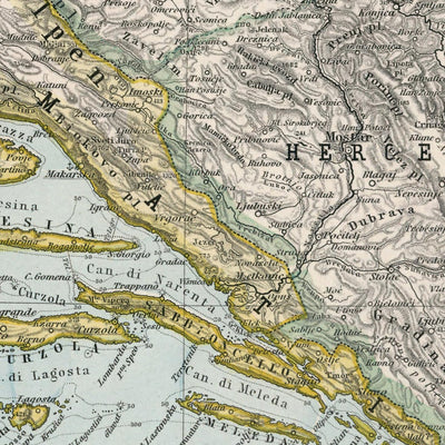 Ancienne carte de la Croatie et de la Bosnie par Adolf Stieler, 1894 : mer Adriatique, côte dalmate et montagnes Velebit
