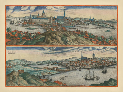 Carte ancienne de Stockholm par Braun & Hogenberg, 1599 : Palais royal, églises, canaux, navires, collines