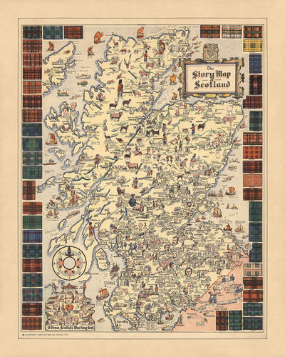 Antiguo mapa pictórico de Escocia, 1935: Glasgow, Edimburgo, tartanes, Flora MacDonald, Bonnie Prince Charlie