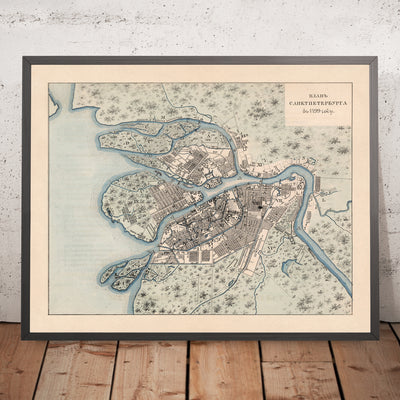Mapa antiguo de San Petersburgo de Tsylov, 1799: distritos, ríos, parques, monumentos, canales