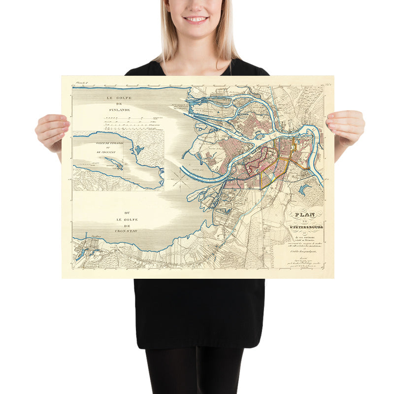 Alte Karte von Sankt Petersburg von Wiebeking, 1840: Newski-Prospekt, Wasiljewski, Fontanka, Ufer, Überschwemmung von 1824 