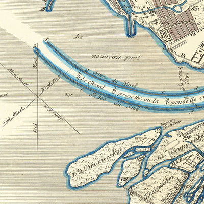 Ancienne carte de Saint-Pétersbourg par Wiebeking, 1840 : Perspective Nevski, île Vassilievski, rivière Fontanka, quai de l'Amirauté, inondation de 1824