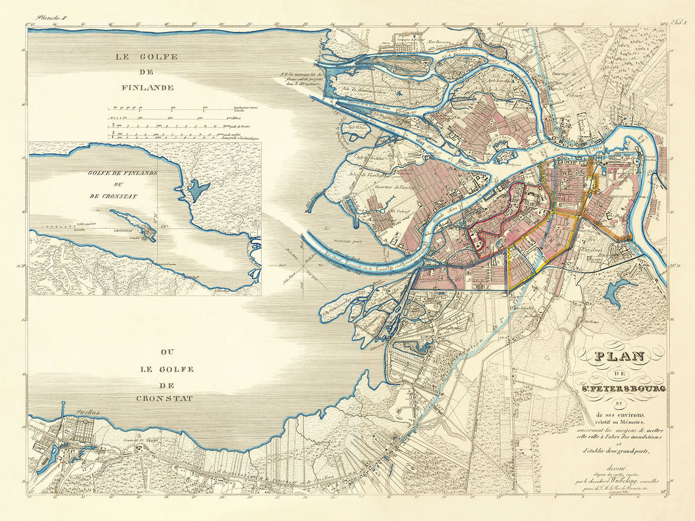 Alte Karte von Sankt Petersburg von Wiebeking, 1840: Newski-Prospekt, Wassiljewski-Insel, Fluss Fontanka, Admiralitätsufer, Überschwemmung 1824