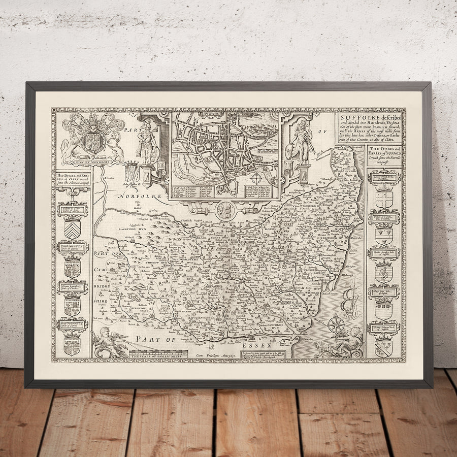 Old Monochrome Carte de Suffolk, 1611 par Speed ​​- Ipswich, Lowestoft, Bury St Edmunds, Haverhill, Felixstowe