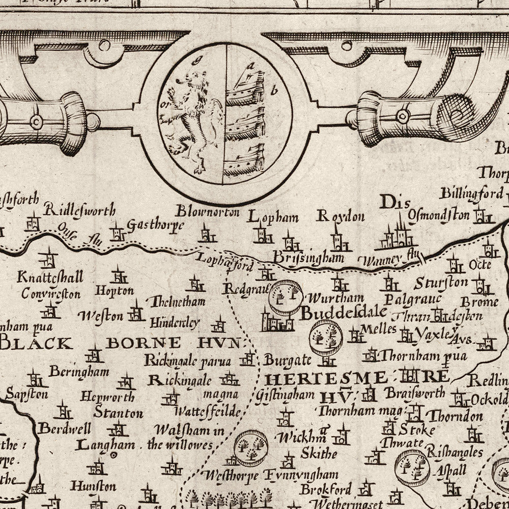 Old Monochrome Carte de Suffolk, 1611 par Speed ​​- Ipswich, Lowestoft, Bury St Edmunds, Haverhill, Felixstowe