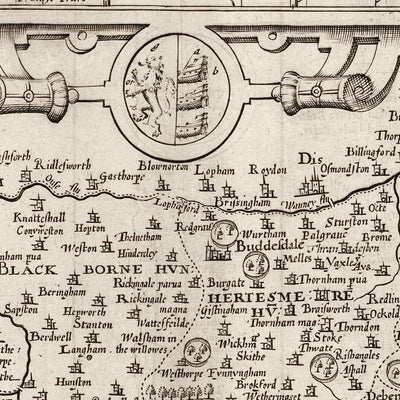 Old Monochrome Carte de Suffolk, 1611 par Speed ​​- Ipswich, Lowestoft, Bury St Edmunds, Haverhill, Felixstowe