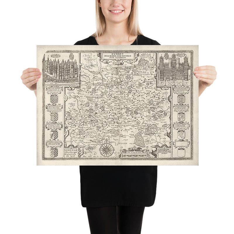 Old Map of Surrey in 1611 by John Speed - Woking, Guildford, Croydon, Richmond, London