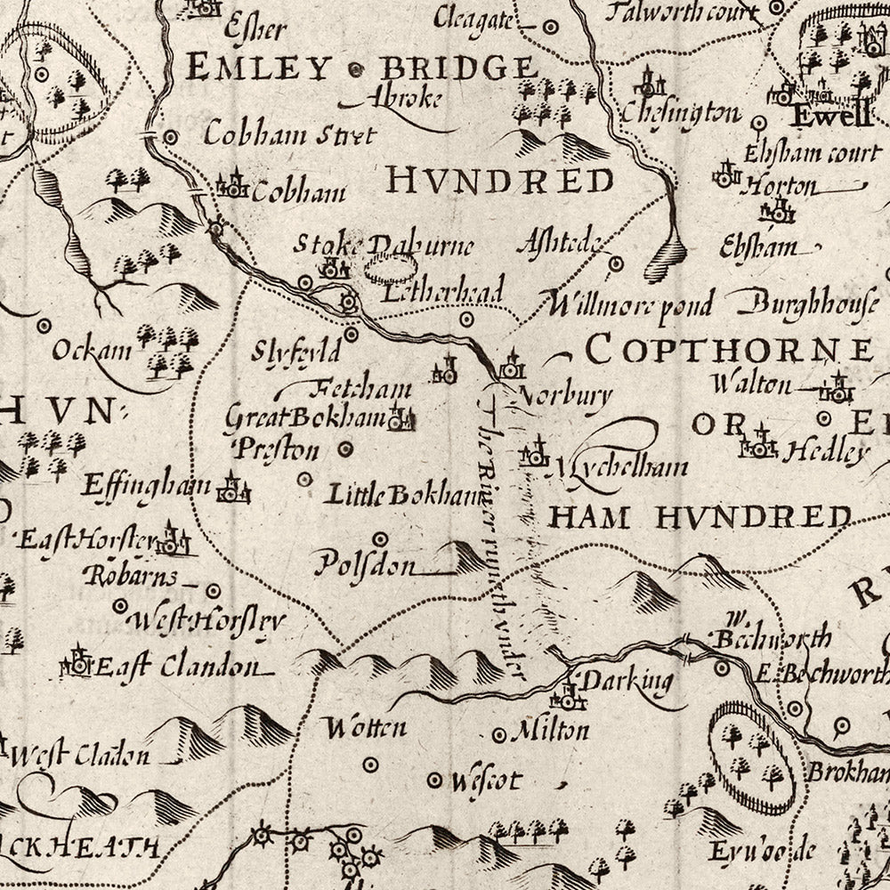 Old Map of Surrey in 1611 by John Speed - Woking, Guildford, Croydon, Richmond, London