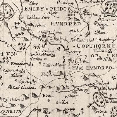 Old Map of Surrey in 1611 by John Speed - Woking, Guildford, Croydon, Richmond, London