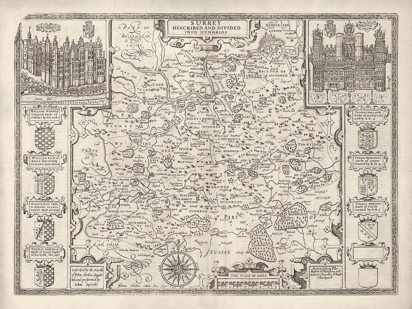 Old Map of Surrey in 1611 by John Speed - Woking, Guildford, Croydon, Richmond, London
