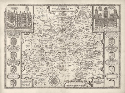 Old Map of Surrey in 1611 by John Speed - Woking, Guildford, Croydon, Richmond, London