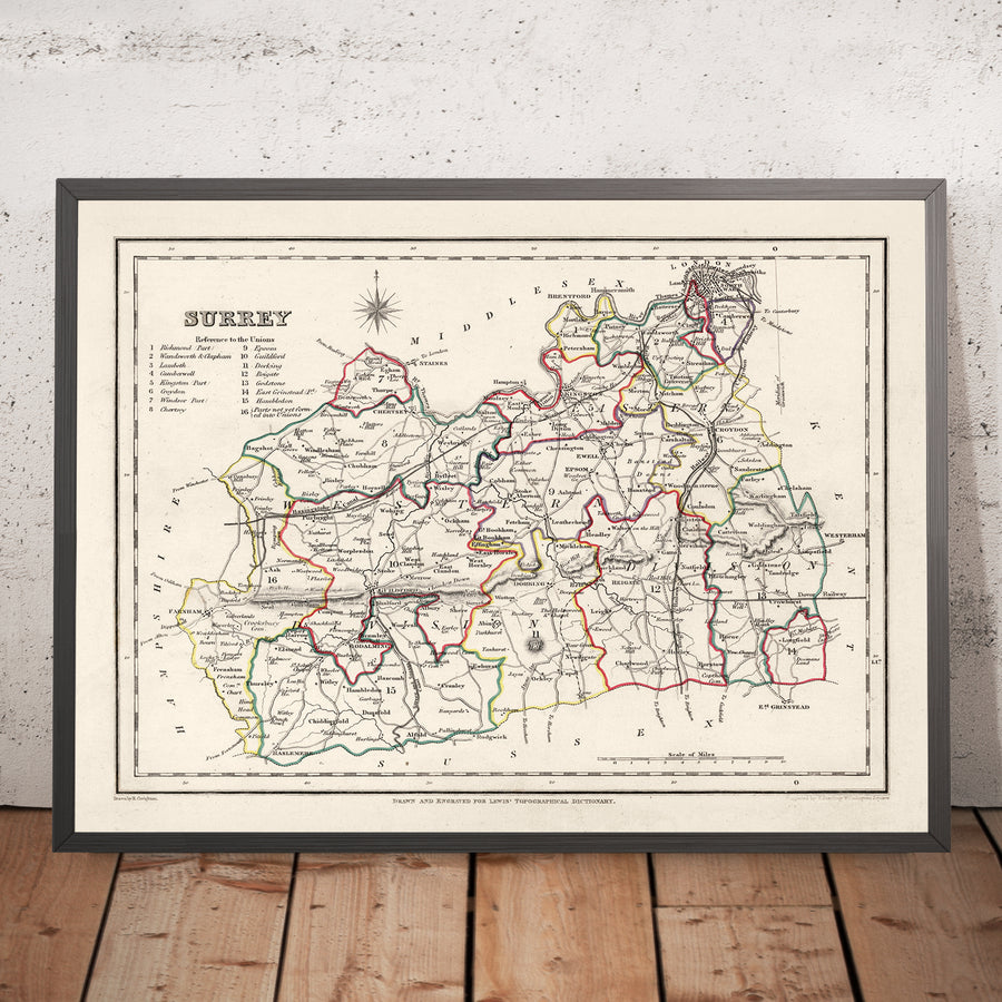 Old Map of Surrey by Samuel Lewis, 1844: London, Guildford, Woking, Ewell, and Camberley