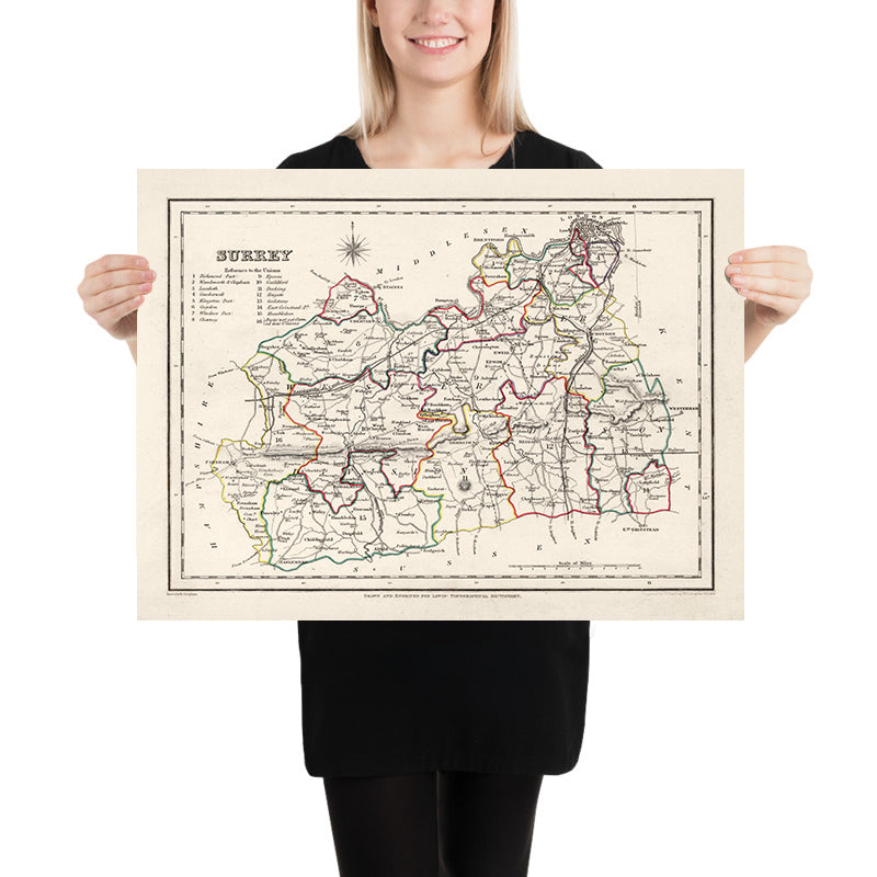 Old Map of Surrey by Samuel Lewis, 1844: London, Guildford, Woking, Ewell, and Camberley
