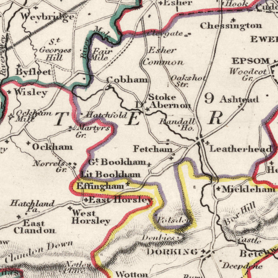 Old Map of Surrey by Samuel Lewis, 1844: London, Guildford, Woking, Ewell, and Camberley
