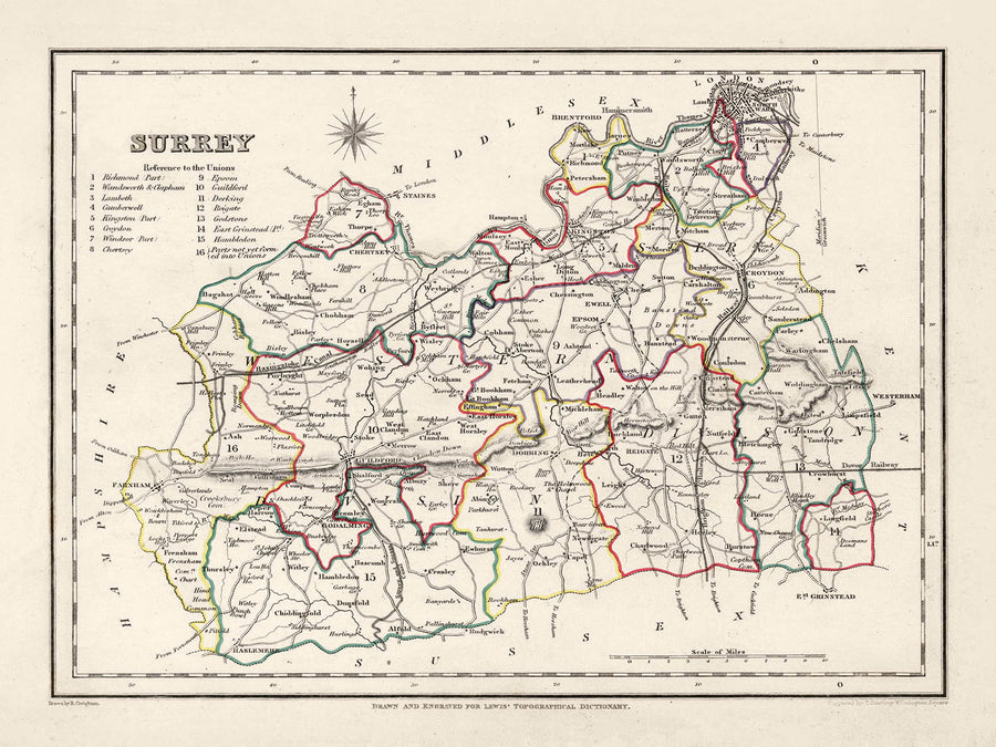 Old Map of Surrey by Samuel Lewis, 1844: London, Guildford, Woking, Ewell, and Camberley