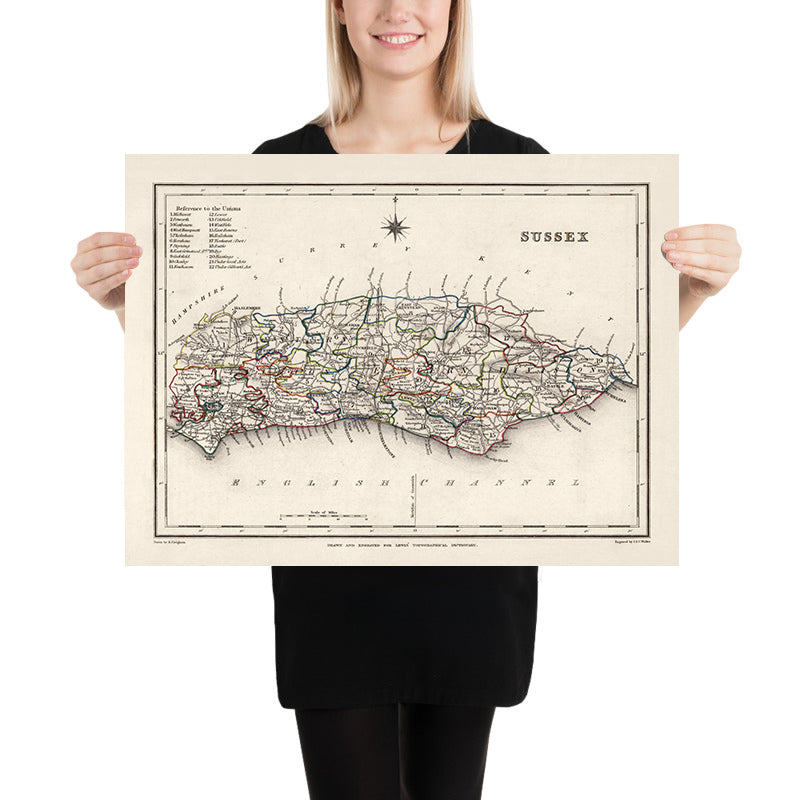 Old Map of East and West Sussex by Samuel Lewis, 1844: Brighton, Crawley, Worthing, Eastbourne, and Hastings