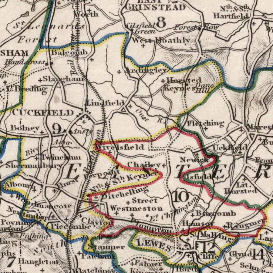 Old Map of East and West Sussex by Samuel Lewis, 1844: Brighton, Crawley, Worthing, Eastbourne, and Hastings