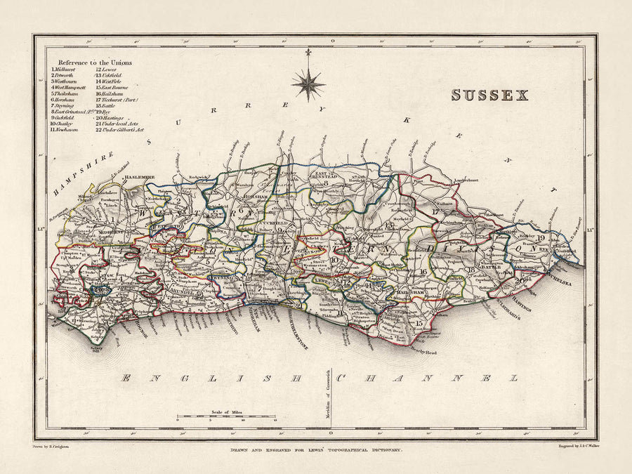 Old Map of East and West Sussex by Samuel Lewis, 1844: Brighton, Crawley, Worthing, Eastbourne, and Hastings