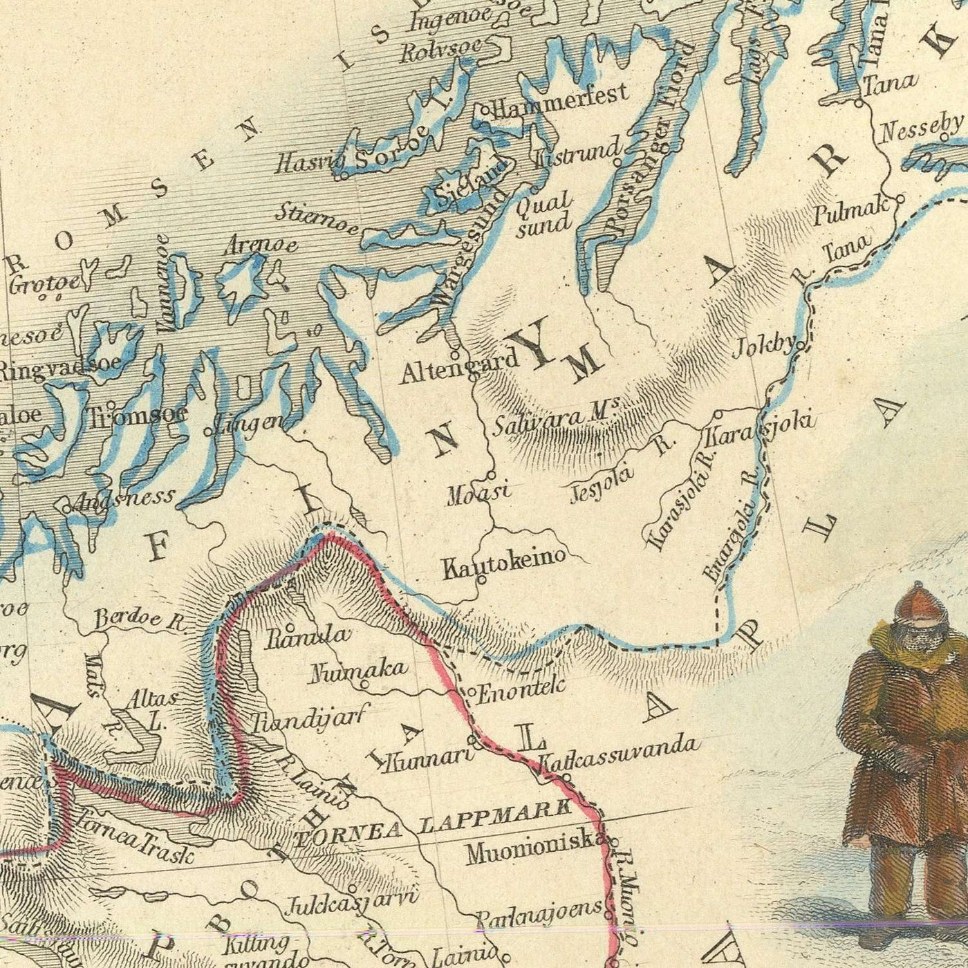 Mapa antiguo de Suecia y Noruega de Tallis, 1855: Estocolmo, Christiania, lapones, minas de hierro, campesinado