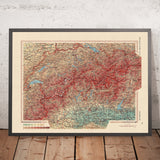 Antiguo mapa de Suiza, 1967: Los Alpes, Berna, Ginebra, Zurich, Lago Lemán