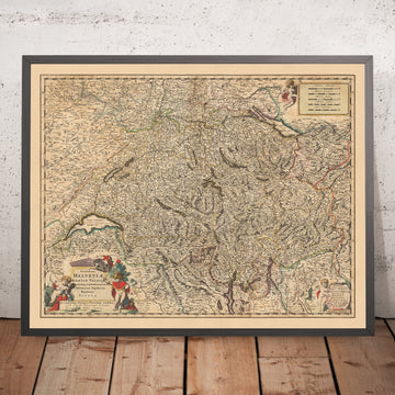 Ancienne carte de la Suisse par Visscher, 1690 : Berne, Zürich, Genève, Lausanne, Parc régional Gruyère Pays-d&