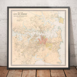 Mapa antiguo de Sydney en 1890 por Bartolomé: Port Jackson, Potts Point, río Parramatta, Botany Bay, Darling Point