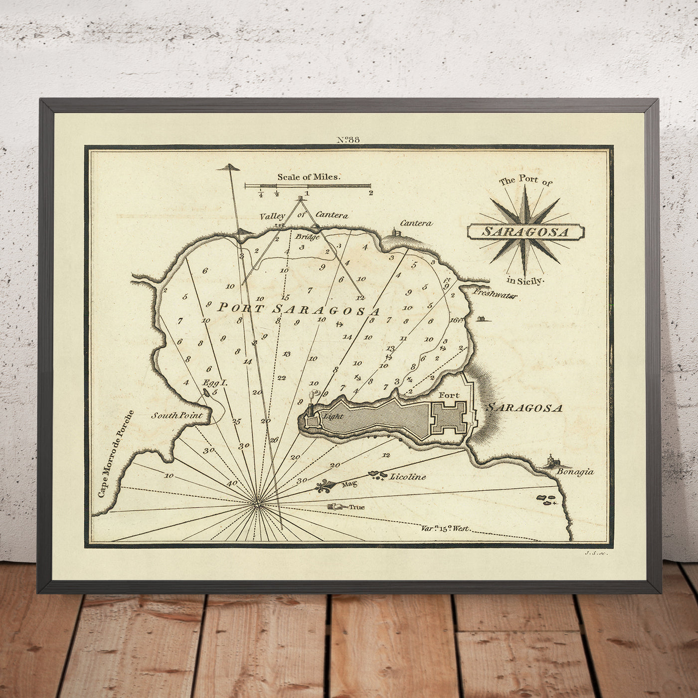 Seekarte des alten Hafens von Saragossa von Heather, 1802: Befestigungen, Leuchtturm, Tiefenmessungen