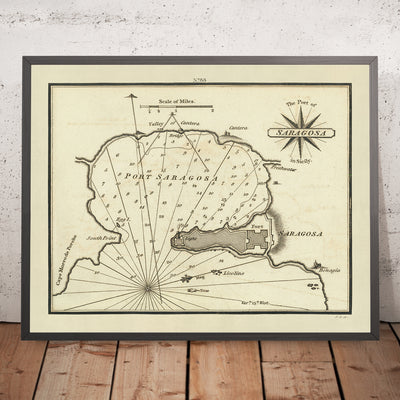 Seekarte des alten Hafens von Saragossa von Heather, 1802: Befestigungen, Leuchtturm, Tiefenmessungen