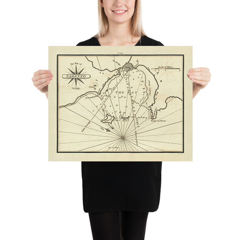 Ancien plan nautique de la baie de Tarente, Italie par Heather, 1802 : Golfe de Tarente, mer Ionienne, détroit d&