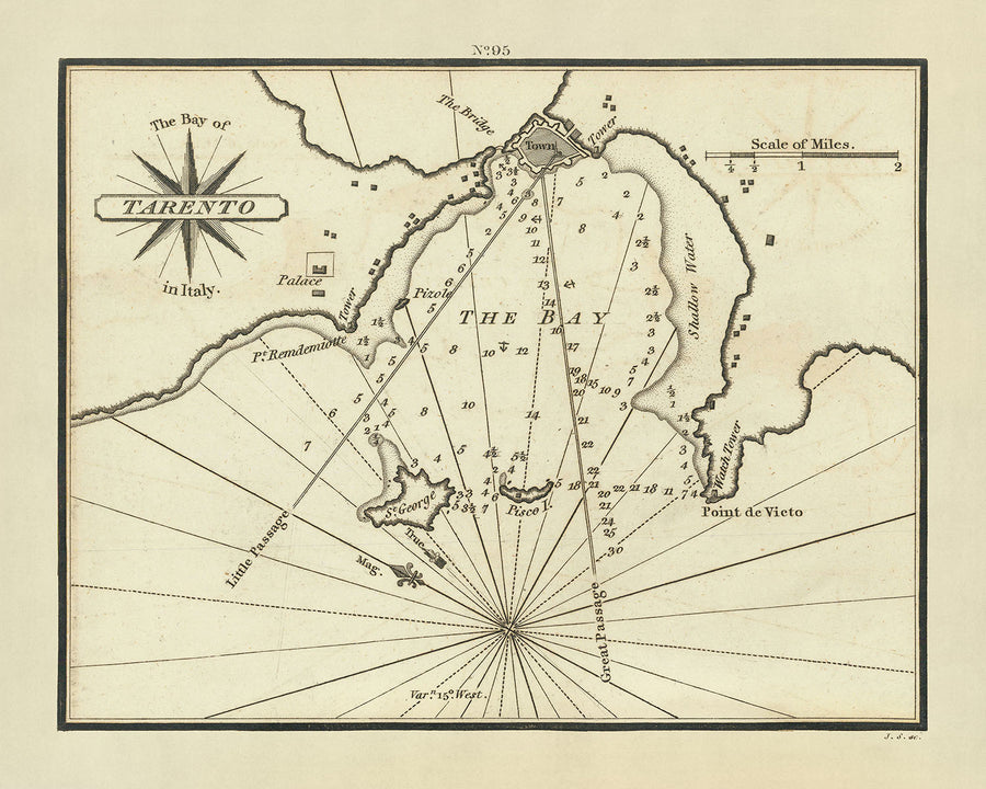 Ancien plan nautique de la baie de Tarente, Italie par Heather, 1802 : Golfe de Tarente, mer Ionienne, détroit d&