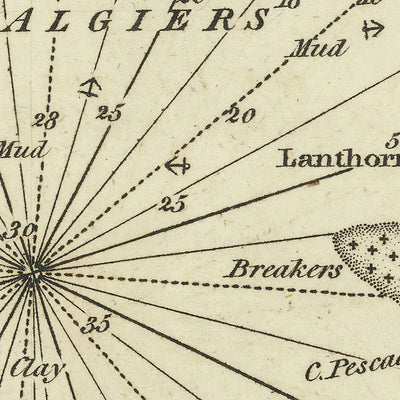 Carta náutica de la antigua bahía de Argel de Heather, 1802: Argel, regencia otomana, fortificaciones