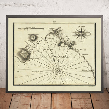 Old Bay of Majorca Nautical Chart by Heather, 1802: Lazarette Tower, Porreira Tower, Almacen