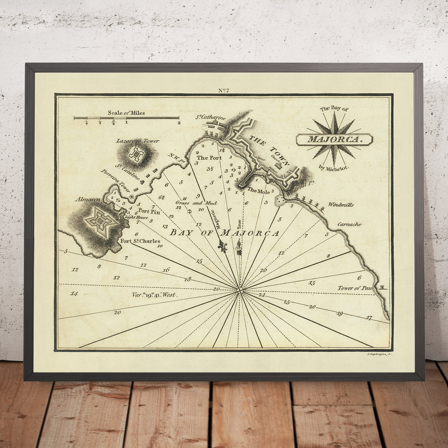 Ancien plan nautique de la Baie de Majorque par Heather, 1802 : Tour du Lazarette, Tour de Porreira, Almacen 