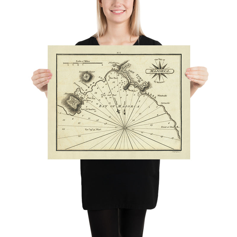 Ancien plan nautique de la Baie de Majorque par Heather, 1802 : Tour du Lazarette, Tour de Porreira, Almacen 