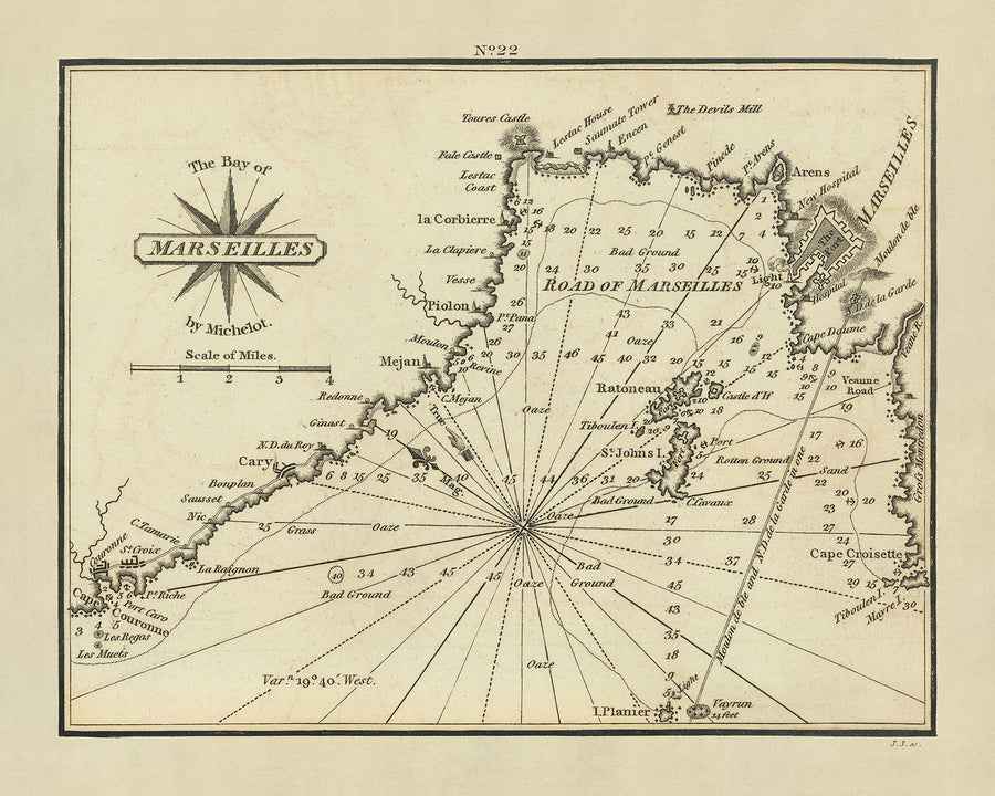 Ancien Bay de Marseille, France Carte Nautique par Heather, 1802 : Les Îles, Installations Militaires 