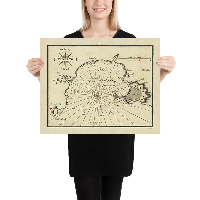 Ancienne carte nautique de la baie de Tanger, Maroc par Heather, 1802 : Forts portugais et anglais, site de bataille 