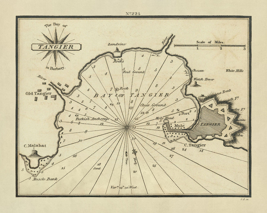 Ancienne carte nautique de la baie de Tanger, Maroc par Heather, 1802 : Forts portugais et anglais, site de bataille 
