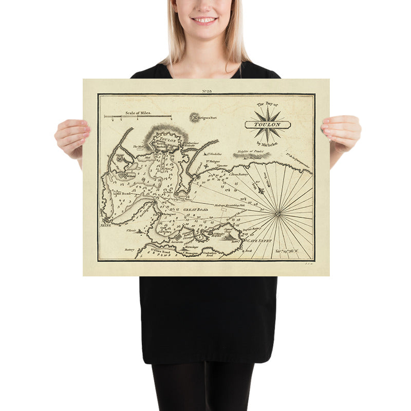 Carte nautique de la Vieille Baie de Toulon par Heather, 1802 : Fortifications, Sondages, Installations Militaires