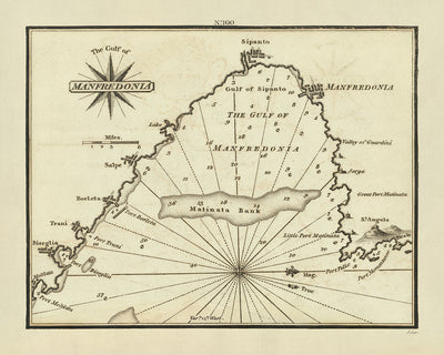 Alte Seekarte des Golfs von Manfredonia von Heather, 1802: Halbinsel Gargano, Tremiti-Inseln, Fort St. Angelo