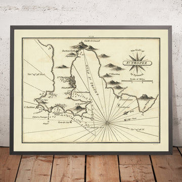 Alter nautischer Chart des Golfs von St. Tropez von Heather, 1802: Fischerhütten, Festungen, Navigationshilfen 