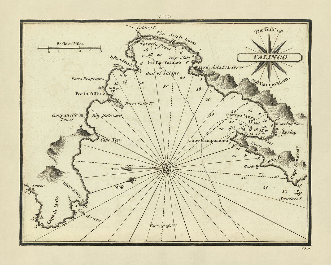 Alte Seekarte des Golfs von Valinco von Heather, 1802: Valinco, Campo Moro, Porticciola-Turm