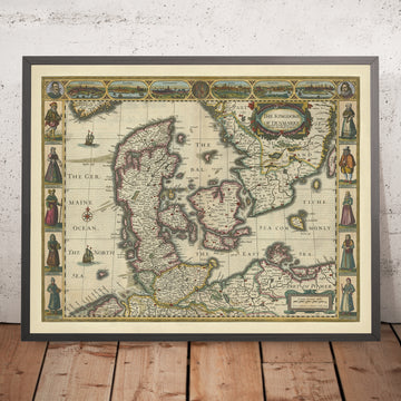Ancienne carte du royaume du Danemark par Speed, 1626 : Copenhague, Elsinore, Hambourg, mer Baltique 