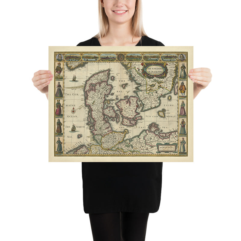 Mappa antica del Regno di Danimarca di Speed, 1626: Copenaghen, Elsinore, Amburgo, Mare Baltico 