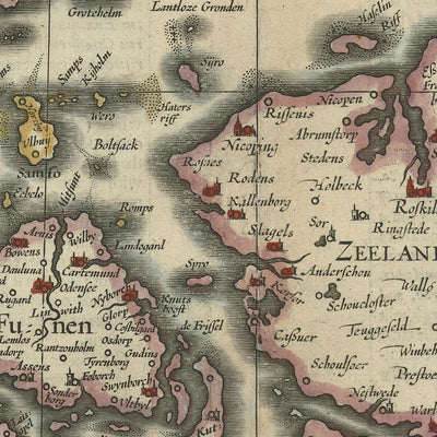 Antiguo mapa de Dinamarca por Speed, 1626: Copenhague, Elsinor, Hamburgo, Mar Báltico, figuras disfrazadas