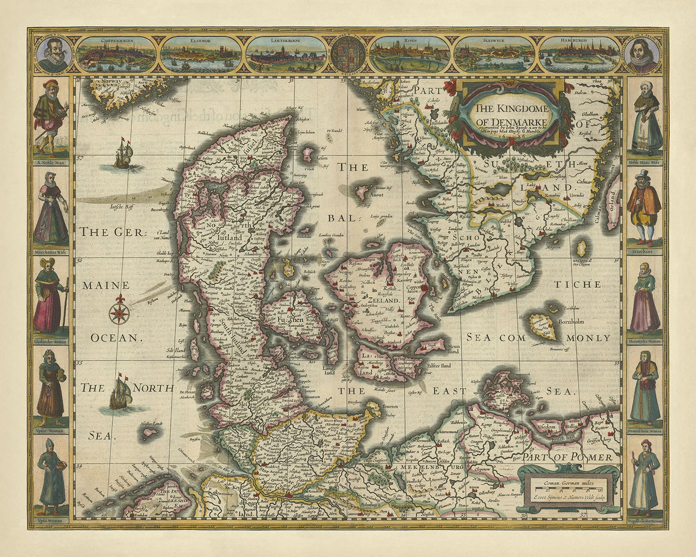 Old Map of the Kingdom of Denmark by Speed, 1626: Copenhagen, Elsinore, Hamburg, Baltic Sea